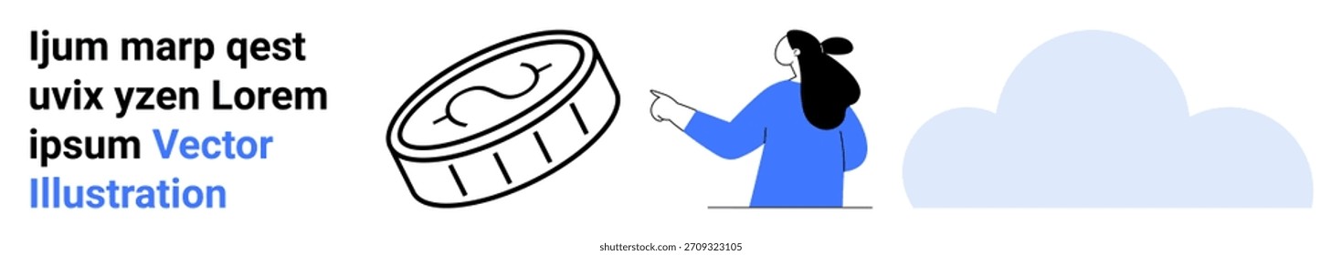 Finanzas, tecnología, economía digital, almacenamiento en la nube, inversión, transacciones en línea. Persona de azul apuntando a una moneda y una nube. Concepto de finanzas y tecnología