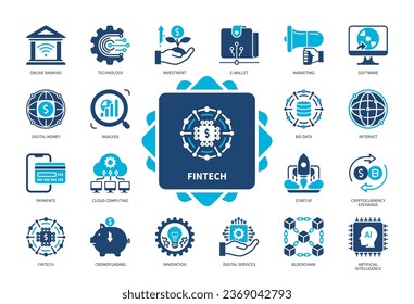 Finance technology FINTECH icon set. Technology, Investment, Payments, Online Banking, Cloud Computing, Blockchain, Crowdfunding, Digital Money. Duotone color solid icons