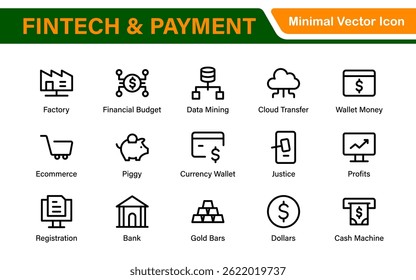 Finance and Technology Icon Collection – Professional Minimalist Line Vector Icons for Cryptocurrency, Mobile Banking, Digital Wallets, and Investments