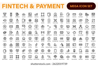 Finance and Technology Icon Collection – Professional Minimalist Line Vector Icons for Cryptocurrency, Mobile Banking, Digital Wallets, and Investments