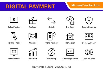 Finance and Technology Icon Collection – Professional Minimalist Line Vector Icons for Cryptocurrency, Mobile Banking, Digital Wallets, and Investments