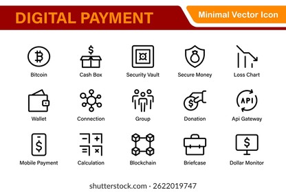 Finance and Technology Icon Collection – Professional Minimalist Line Vector Icons for Cryptocurrency, Mobile Banking, Digital Wallets, and Investments