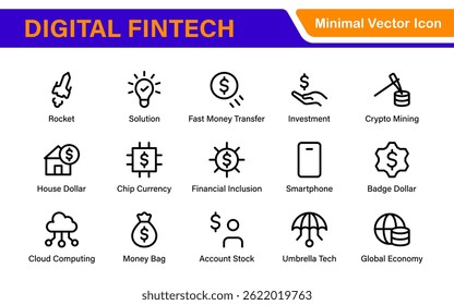Finance and Technology Icon Collection – Professional Minimalist Line Vector Icons for Cryptocurrency, Mobile Banking, Digital Wallets, and Investments