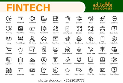 Finance and Technology Icon Collection – Professional Minimalist Line Vector Icons for Cryptocurrency, Mobile Banking, Digital Wallets, and Investments