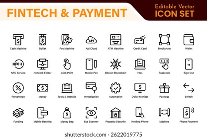 Finance and Technology Icon Collection – Professional Minimalist Line Vector Icons for Cryptocurrency, Mobile Banking, Digital Wallets, and Investments