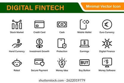 Finance and Technology Icon Collection – Professional Minimalist Line Vector Icons for Cryptocurrency, Mobile Banking, Digital Wallets, and Investments