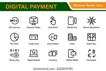 Finance and Technology Icon Collection – Professional Minimalist Line Vector Icons for Cryptocurrency, Mobile Banking, Digital Wallets, and Investments