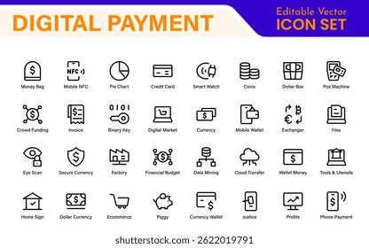 Finance and Technology Icon Collection – Professional Minimalist Line Vector Icons for Cryptocurrency, Mobile Banking, Digital Wallets, and Investments