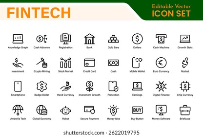 Finance and Technology Icon Collection – Professional Minimalist Line Vector Icons for Cryptocurrency, Mobile Banking, Digital Wallets, and Investments
