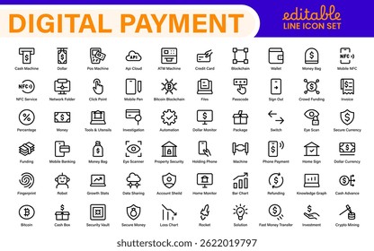 Finance and Technology Icon Collection – Professional Minimalist Line Vector Icons for Cryptocurrency, Mobile Banking, Digital Wallets, and Investments