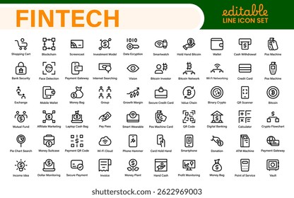 Coleção de Ícones Financeiros e Tecnológicos - Profissional Minimalista Linha Vetor Ícones para Criptomoeda, Banca Móvel, Carteiras Digitais, e Investimentos