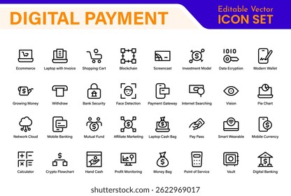 Finance and Technology Icon Collection – Professional Minimalist Line Vector Icons for Cryptocurrency, Mobile Banking, Digital Wallets, and Investments