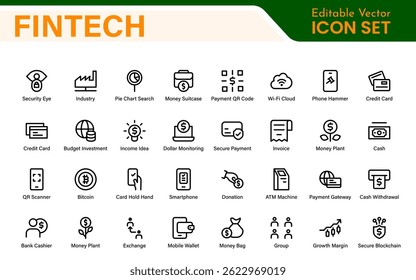 Finance and Technology Icon Collection – Professional Minimalist Line Vector Icons for Cryptocurrency, Mobile Banking, Digital Wallets, and Investments