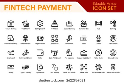 Finance and Technology Icon Collection – Professional Minimalist Line Vector Icons for Cryptocurrency, Mobile Banking, Digital Wallets, and Investments