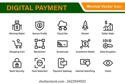Finance and Technology Icon Collection – Professional Minimalist Line Vector Icons for Cryptocurrency, Mobile Banking, Digital Wallets, and Investments