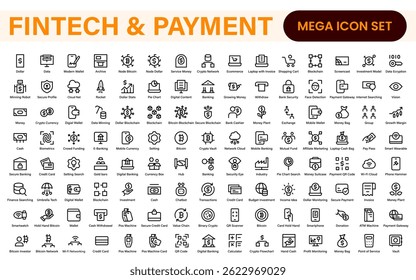 Finance and Technology Icon Collection – Professional Minimalist Line Vector Icons for Cryptocurrency, Mobile Banking, Digital Wallets, and Investments