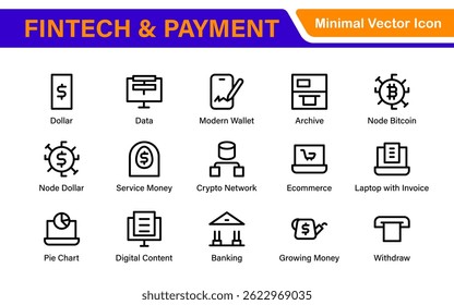 Finance and Technology Icon Collection – Professional Minimalist Line Vector Icons for Cryptocurrency, Mobile Banking, Digital Wallets, and Investments
