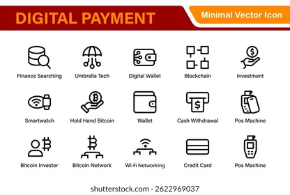 Finance and Technology Icon Collection – Professional Minimalist Line Vector Icons for Cryptocurrency, Mobile Banking, Digital Wallets, and Investments