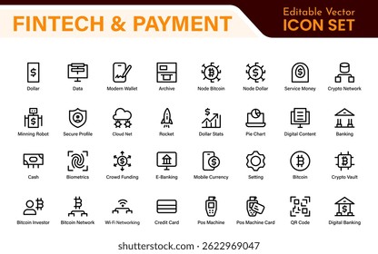 Finance and Technology Icon Collection – Professional Minimalist Line Vector Icons for Cryptocurrency, Mobile Banking, Digital Wallets, and Investments