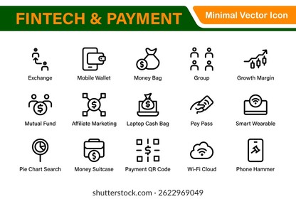 Finance and Technology Icon Collection – Professional Minimalist Line Vector Icons for Cryptocurrency, Mobile Banking, Digital Wallets, and Investments