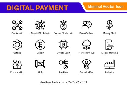 Colección de iconos de finanzas y Tecnología: iconos vectoriales de líneas minimalistas de Profesional para criptomonedas, banca móvil, billeteras digitales e inversiones
