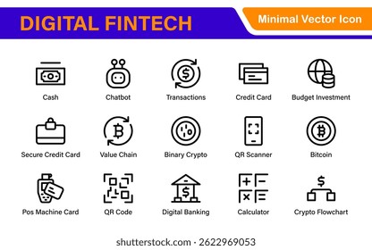 Finance and Technology Icon Collection – Professional Minimalist Line Vector Icons for Cryptocurrency, Mobile Banking, Digital Wallets, and Investments