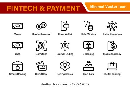 Finance and Technology Icon Collection – Professional Minimalist Line Vector Icons for Cryptocurrency, Mobile Banking, Digital Wallets, and Investments