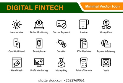 Finance and Technology Icon Collection – Professional Minimalist Line Vector Icons for Cryptocurrency, Mobile Banking, Digital Wallets, and Investments