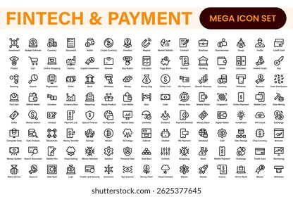 Finance and Technology Icon Collection – Professional Minimalist Line Vector Icons for Cryptocurrency, Mobile Banking, Digital Wallets, and Investments