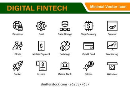 Finance and Technology Icon Collection – Professional Minimalist Line Vector Icons for Cryptocurrency, Mobile Banking, Digital Wallets, and Investments