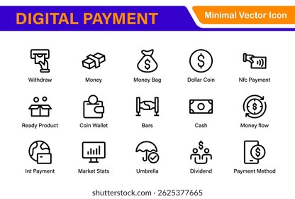 Finance and Technology Icon Collection – Professional Minimalist Line Vector Icons for Cryptocurrency, Mobile Banking, Digital Wallets, and Investments