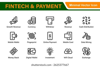 Finance and Technology Icon Collection – Professional Minimalist Line Vector Icons for Cryptocurrency, Mobile Banking, Digital Wallets, and Investments