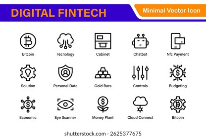 Finance and Technology Icon Collection – Professional Minimalist Line Vector Icons for Cryptocurrency, Mobile Banking, Digital Wallets, and Investments
