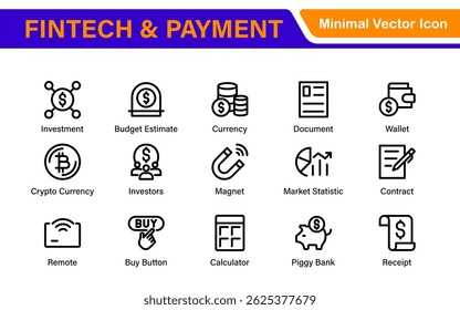 Finance and Technology Icon Collection – Professional Minimalist Line Vector Icons for Cryptocurrency, Mobile Banking, Digital Wallets, and Investments