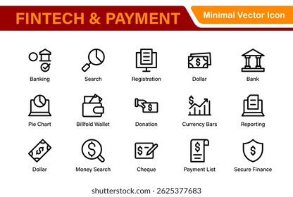 Finance and Technology Icon Collection – Professional Minimalist Line Vector Icons for Cryptocurrency, Mobile Banking, Digital Wallets, and Investments