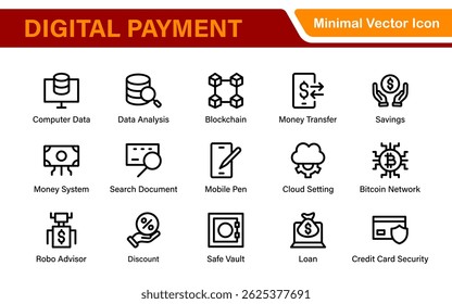Finance and Technology Icon Collection – Professional Minimalist Line Vector Icons for Cryptocurrency, Mobile Banking, Digital Wallets, and Investments