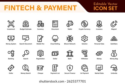 Finance and Technology Icon Collection – Professional Minimalist Line Vector Icons for Cryptocurrency, Mobile Banking, Digital Wallets, and Investments