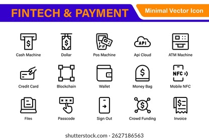 Finance and Technology Icon Collection – Professional Minimalist Line Vector Icons for Cryptocurrency, Mobile Banking, Digital Wallets, and Investments