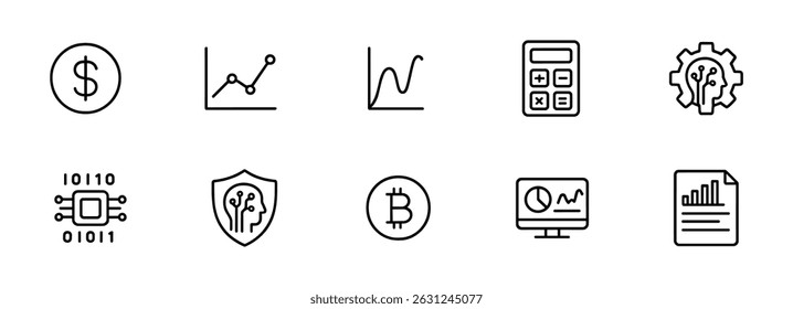 Finance, technology outline icon set - flat, cryptocurrency, analytics, and calculation