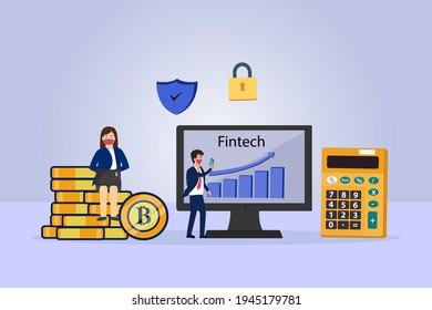 Finanztechnologie-Vektorkonzept: Geschäftsleute, die mit der Grafik der Finanztechnologie arbeiten und dabei in neuen Normalbereichen Gesichtsmasken tragen