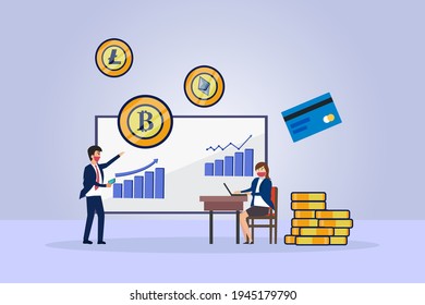 Concepto de vector de tecnología de financiación: Empresarios reunidos con una gráfica y una flecha hacia arriba mientras llevan máscara facial en la nueva normalidad