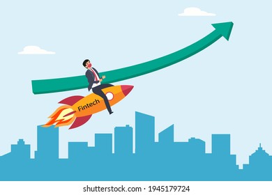 Concepto de vector de tecnología de financiación: Joven empresario montando un cohete fintech con flecha hacia arriba mientras lleva máscara facial en la nueva normalidad