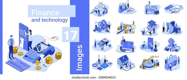 Finance and technology.A set of illustrations in business style.A collection of images on the topic of business relations and technology.Flat vector illustration.