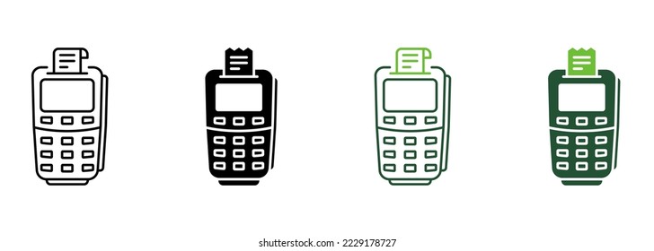 Finance Terminal for Cashless Payment Silhouette and Line Icon. Pos with Pay Receipt Pictogram. Electronic Money Transaction Bank Machine Symbol. Editable Stroke. Isolated Vector Illustration.