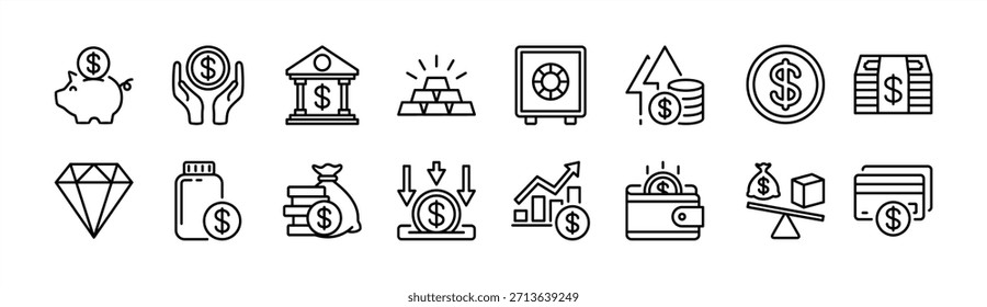 Conjunto de iconos de línea delgada de finanzas. Contiene ahorros, hucha, divisa, caja fuerte, moneda de dólar, beneficio, gráfico de crecimiento de la inversión, aumento de ganancias de dinero, depósito, tarjeta de crédito, saldo, oro, joyas - Vector