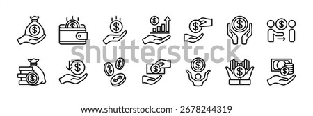 Finance thin line icon set. Contains earnings, money, coin, financial profit, budget, revenue, payment, savings, loan fund, billfold, wages, salary, creditor, wallet. Vector illustration