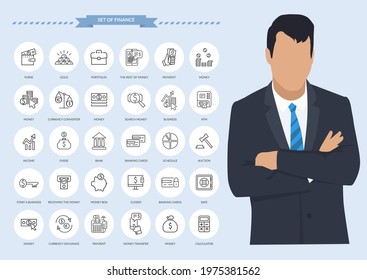 Finance thin line icons. Businessman with set of finance contact and payment icons, connection methods illustration. Serious bearded man wearing business clothes and outline web elements templates