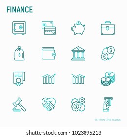 Finance thin line icons set: safe, credit card, piggy bank, wallet, currency exchange, hanner, agreement, handshake, atm slot. Modern vector illustration.
