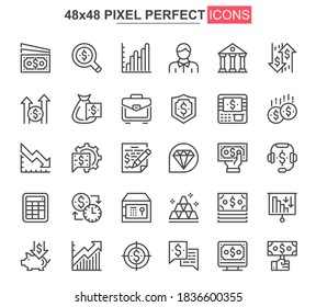 Finance thin line icons set. Online banking, capital investment unique design icons. Financial deposit, payment and exchange currency outline vector bundle. 48x48 pixel perfect linear pictogram pack.