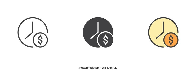 Finance Time is moneysymbol different style icon set. Line, solid and colorful filled outline vector icon. Money, chart sign, financial analysis symbol. Vector graphics.